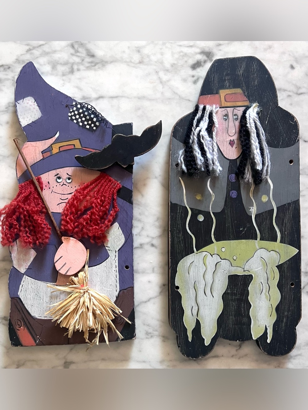 Vintage Wood Folk Art Witch Halloween Decorations Hand Painted 80s-90s Cottage